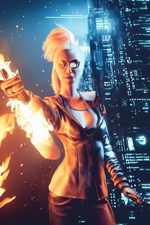 Image similar to beautiful blonde woman with fire in her hand, cyberpunk, behind her a city during the end of the world, realistic, high definition, many details, symmetrical face, realistic eyes, art of unreal engine 5