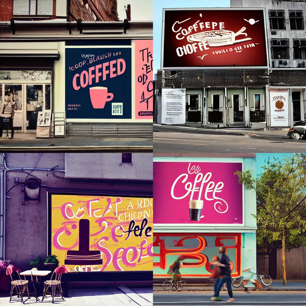 Prompt: an old coffee shop facade, with its name on a bright and interesting billboard design that catchs your attention. Some people passing by and admiring the billboard. Some people can be seen inside the shop too