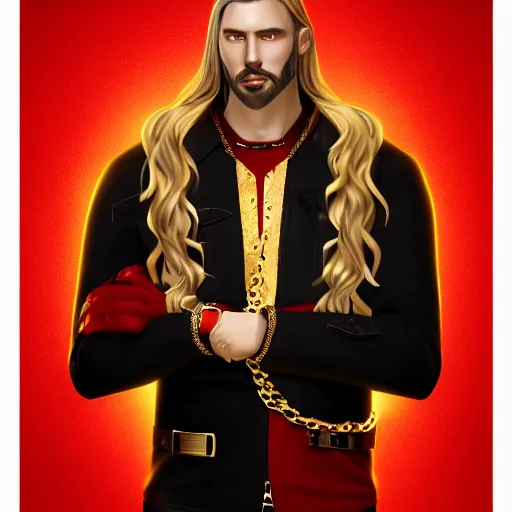 Image similar to a highly detailed full-length man with blond hair, a dark beard, in black and red clothes, with a gold chain and a gold belt, artstation, DeviantArt, professional, octane render