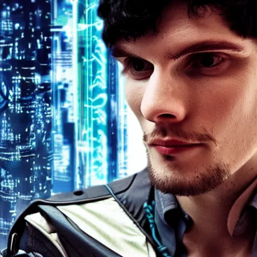 Image similar to Colin Morgan as Cyberpunk Merlin