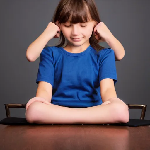 Image similar to girl with elbow on a desk and hands dragging back hair on the head sitting on a chair