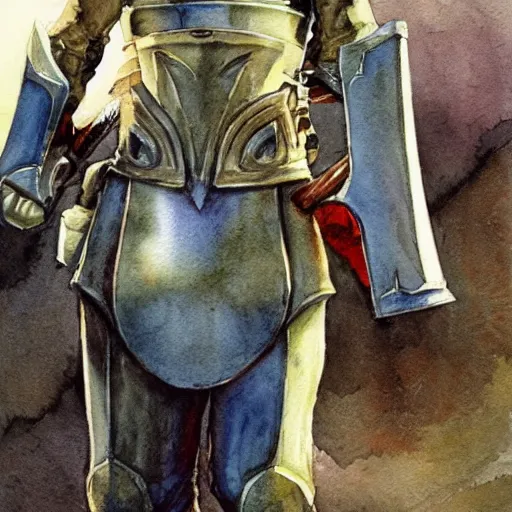 Prompt: watercolor, final fantasy tactics character, wearing plate armor, wearing helmet, faceless, shrouded, artwork by Clyde Caldwell