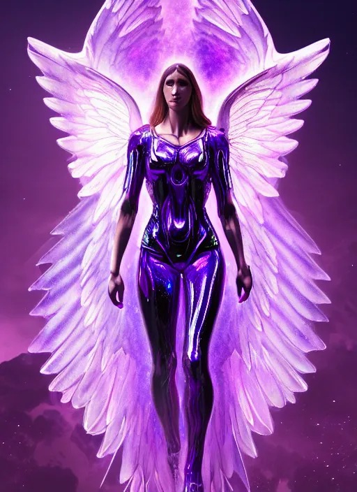 Image similar to a photo of 8 k ultra realistic female archangel with 6 wings, full body, intricate purple and blue hard surfaces, futuristic, science fiction themes, highly saturated colors, holographic undertones, overdetailed art, concept art, detailed illustration, hd, 4 k, octane rendered