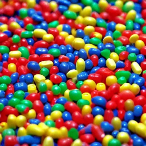 Image similar to Lego City overrun by thousands of jelly beans, old collection, verisimilitudinous