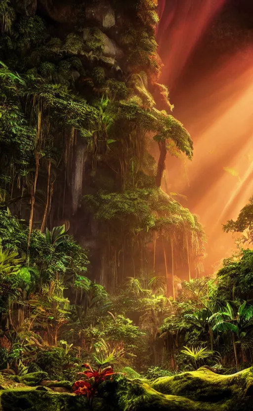 Image similar to a beautiful render of a dark prehistoric rainforest in a humongous cave, lush flora, patches of yellowish - red - magenta sky, sunset lighting, fireflies, floating mountains and a waterfall in the background, intricate detail, hazy, humid, volumetric lighting, god rays, 8 k, photorealistic, raytracing effects, unreal engine 5