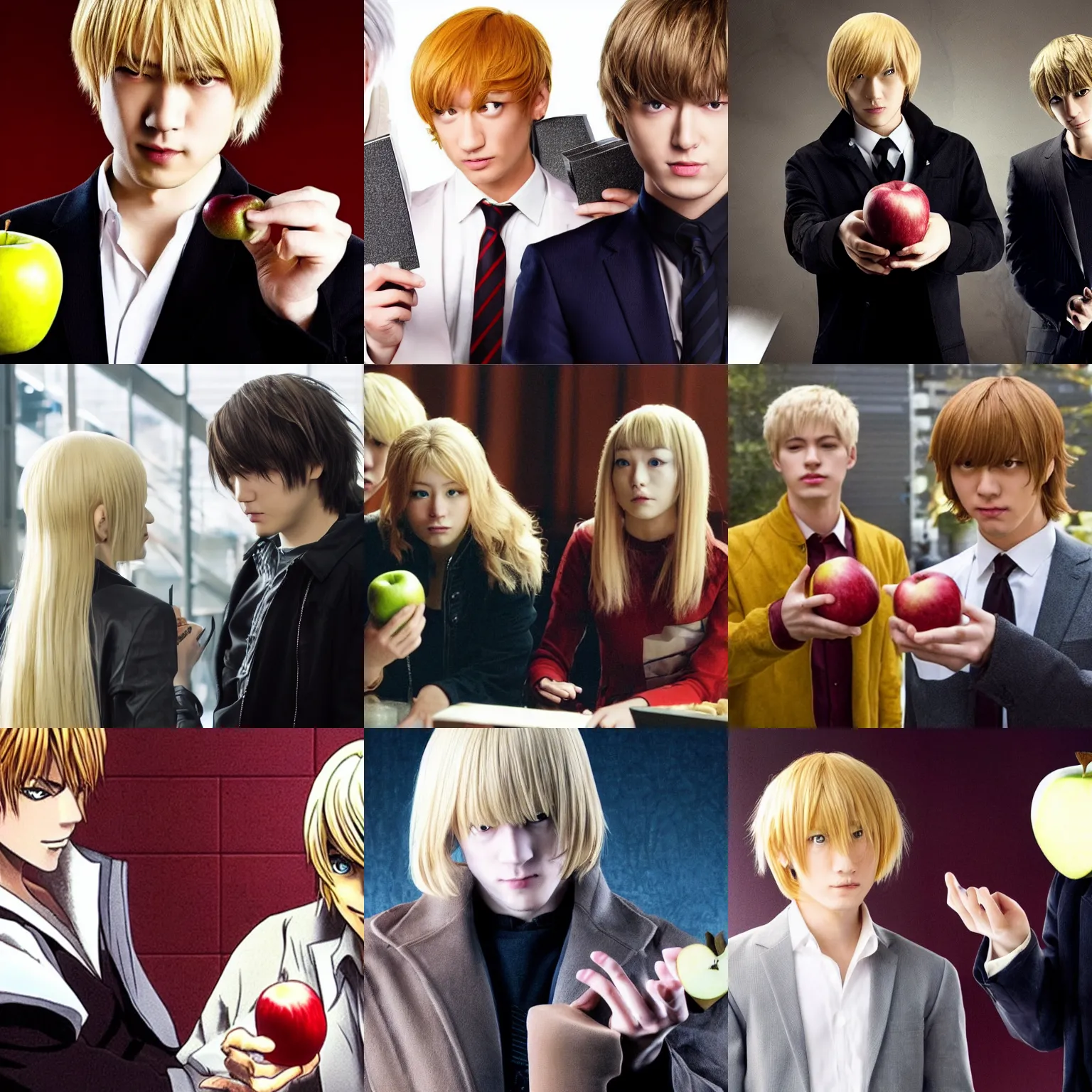 Prompt: blonde Even Peters as Light Yagami holds an apple. Death Note live tv adaptation, Netflix series, adversitement