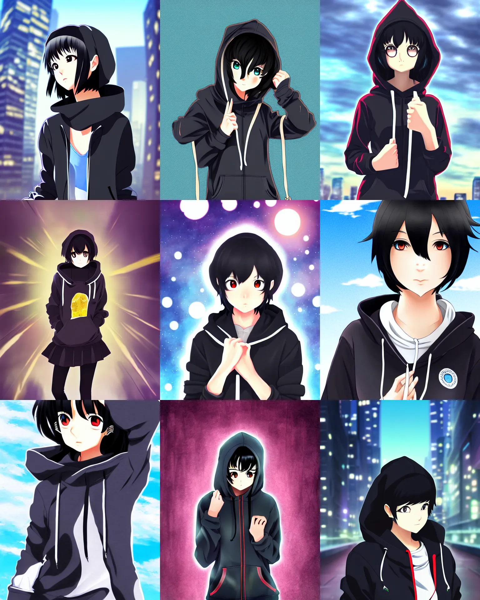 Prompt: black haired girl wearing hoodie, city, anime fantasy artwork, shinkai makoto