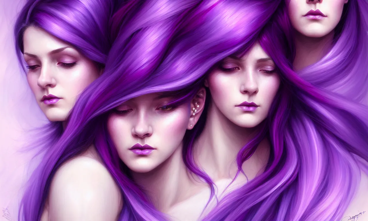 Image similar to Purple hair relistic Portrait of a two woman with bright colored flying hair, all shades of purple. Beauty face, Hair coloring, fantasy, intricate, elegant, highly detailed, digital painting, artstation, concept art, smooth, sharp focus, illustration, art by artgerm and greg rutkowski and alphonse mucha