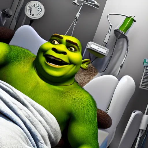 Humorous image of shrek in a hospital bed