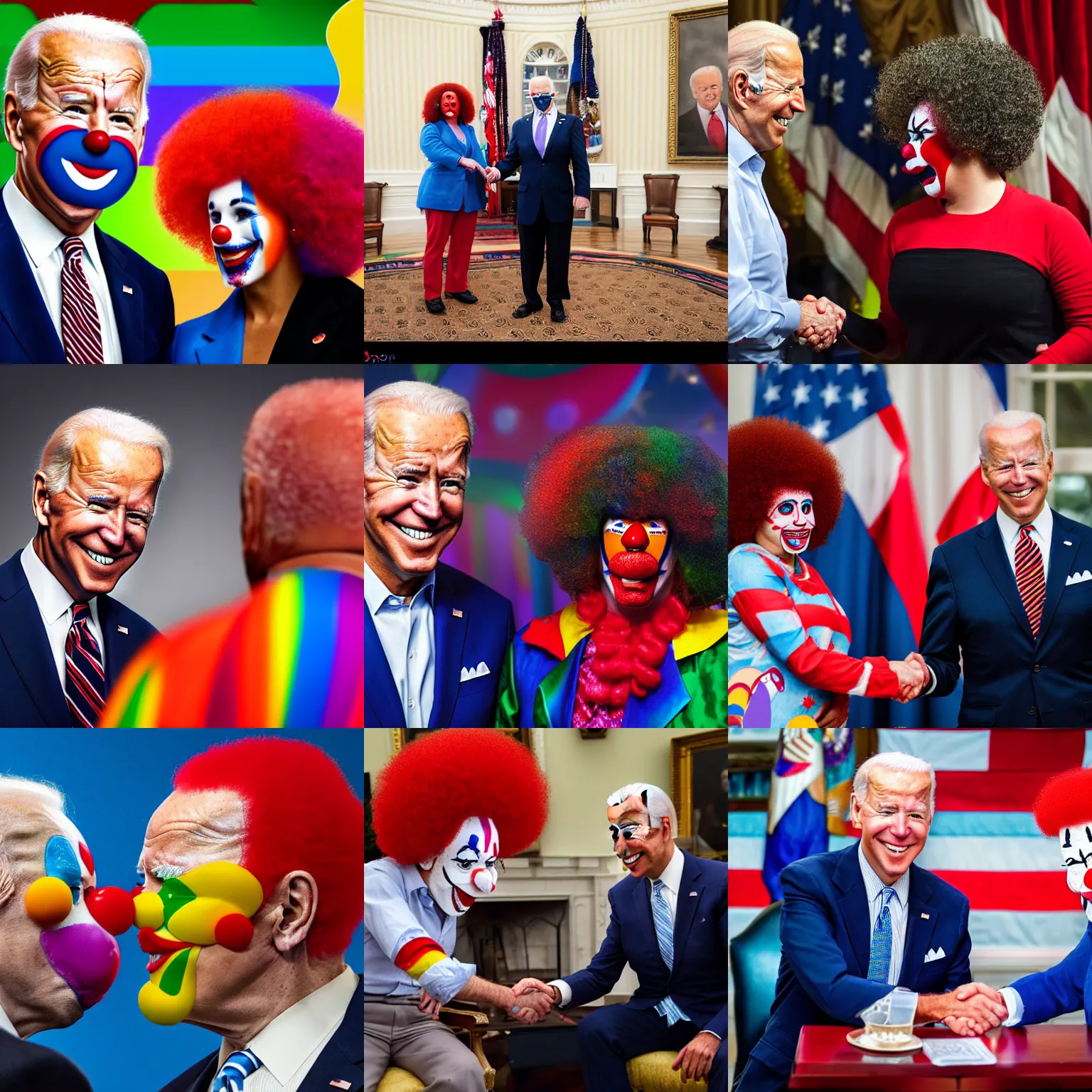 Prompt: headshot of Joe Biden with red clown nose and rainbow clown afro as the president of the united shaking someones hand, EOS-1D, f/1.4, ISO 200, 1/160s, 8K, RAW, unedited, symmetrical balance, in-frame, Photoshop, Nvidia, Topaz AI