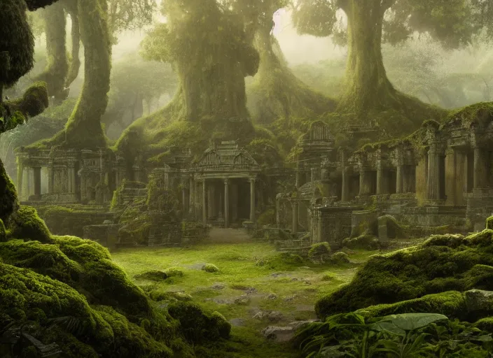 Image similar to A very detailed matte painting of mysterious ancient temple ruins overgrown with moss, lush plants, verdan trees, breathtaking, hyper-realistic, volumetric lighting, 4k resolution, digital art, trending on Artstation