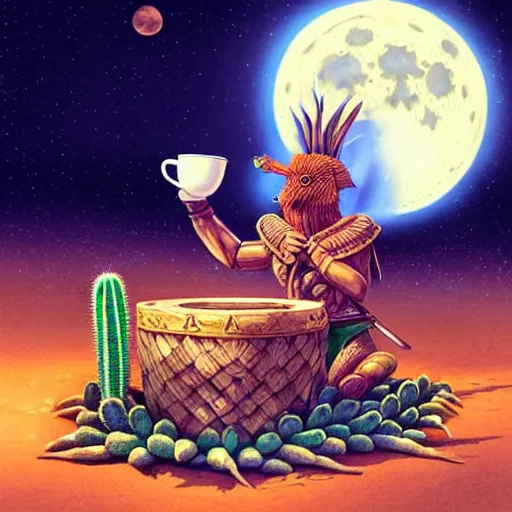 Image similar to richly detailed colored pencil 3 d illustration of spartan drinking tea at campfire with trichocereus background and smoke haze full moon ayahuasca peyote art by rossdraws range murata and artgerm fantasy