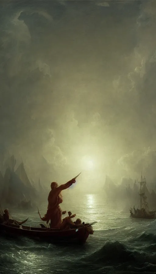 Prompt: man on boat crossing a body of water in hell with creatures in the water, sea of souls, by ivan aivazovski,