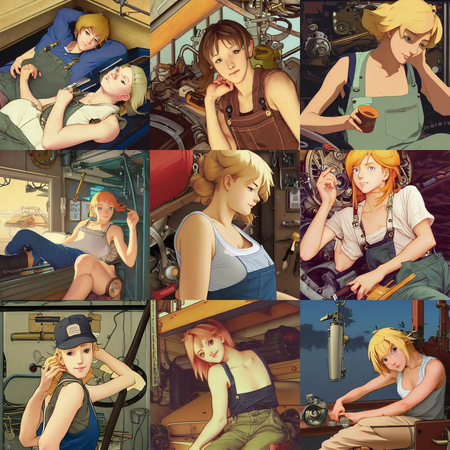 Prompt: Portrait of a mechanic resting in her cramped bunk, blonde, tank top, overalls, steampunk, beautiful face, highly detailed, cel shading, digital painting, anime key visual, by Makoto Shinkai and Hayao Miyazaki, by Ilya Kuvshinov and Alphonse Mucha and William-Adolphe Bouguereau