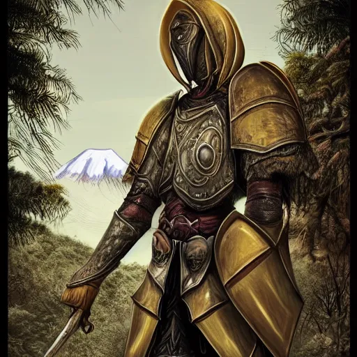 Image similar to realistic portrait of a pale yellow knight in front of mount kilimanjaro, gothic style, festive colors, digital art, trending on artstation, high quality, extreme detail, high quality, hyperdetailed