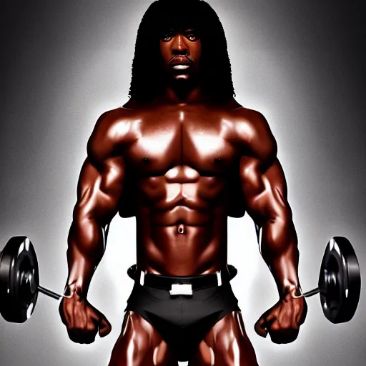 Image similar to Rick james with the physique of a body builder, realistic, detailed, cinematic, dynamic lighting, photorealistic, refined, intricate, digital art, background a gym, masterpiece, 8k