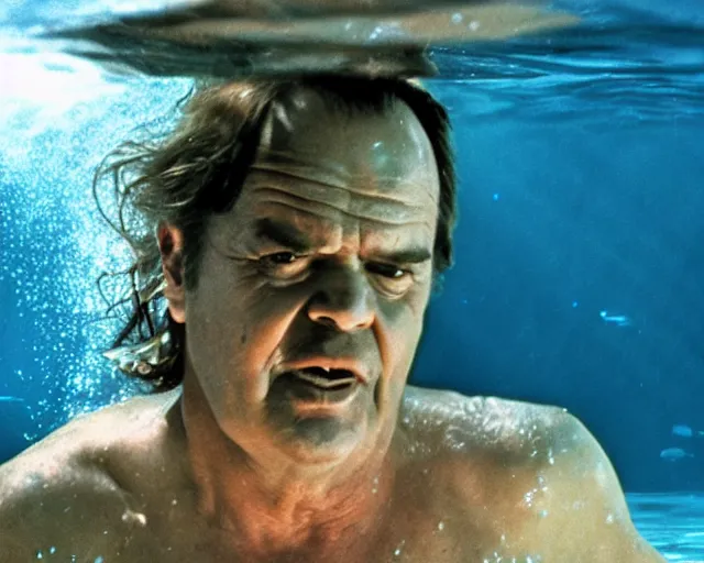 Prompt: Jack Nicholson as a merman swimming underwater, cinematic lighting, cinematography photograph