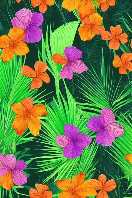 Image similar to sombre detailed vector illustration of photorealistic tropical flowers and green reeds, multiple cohesive colors ranging from warms purples to bright oranges on a ((very dark black background)), 4K resolution, trending on artstation, hd wallpaper