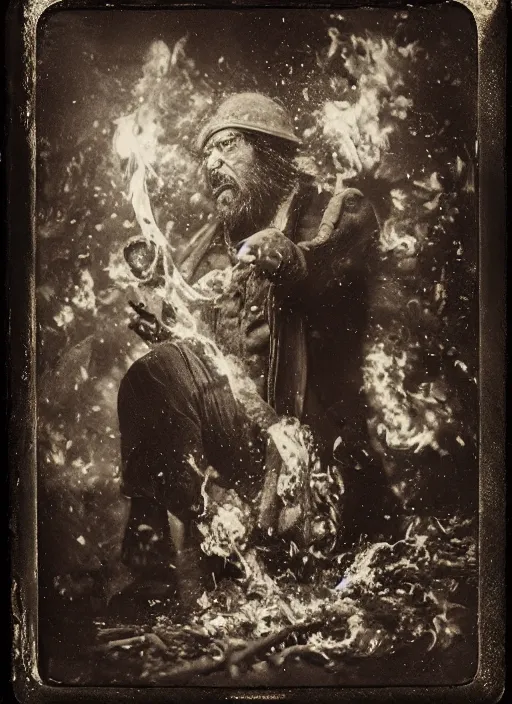 Image similar to old wetplate daguerreotype portrait of neanderthaler creating fire, explosion of data fragments, fractal, intricate, elegant, highly detailed, parallax, leica, medium format, subsurface scattering, by jheronimus bosch and greg rutkowski and louis jacques mande daguerre