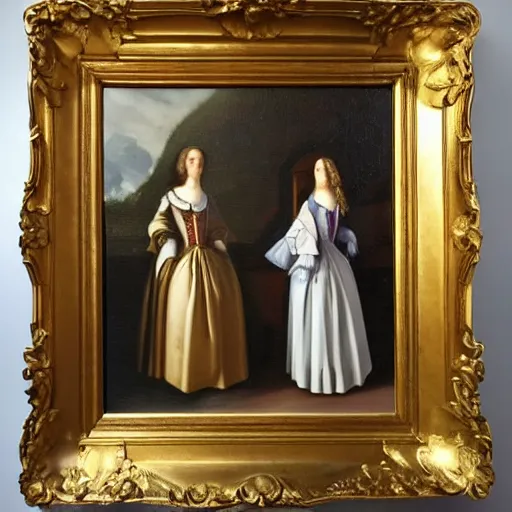 Image similar to oil on canvas painting no frame visible. two women in a vast castle lobby wearing fine clothes. dark room with light coming through the right side of the place. baroque style 1 6 5 6. high quality painting, no distortion on subject faces.