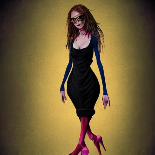 Image similar to a woman wearing a yellow dress with one leg revealed, detailed body and face with pink lips and blue eyes, gothic atmosphere, digital art, highly detailed, high contrast, beautiful lighting, award winning, trending on art station, photorealistic, 8 k,