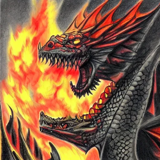 Prompt: firefighters against a fire - breathing dragon, pencil art, fire, colorful
