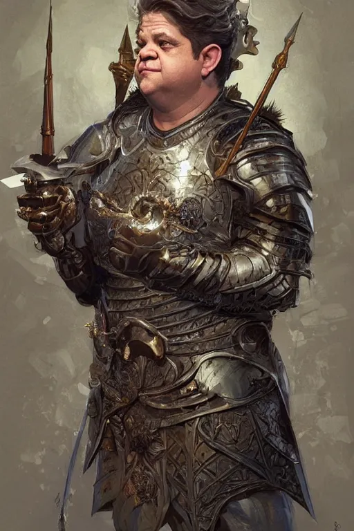 Image similar to patton oswalt as a knight, fantasy, intricate, elegant, highly detailed, digital painting, artstation, concept art, matte, sharp focus, illustration, art by artgerm and greg rutkowski and alphonse mucha