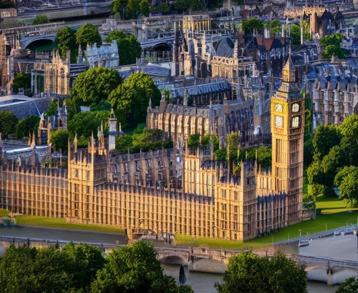 Image similar to 4 k hd, high detail photograph of buckingam palace and the big ben, shot with sigma f / 4. 2, 2 5 0 mm sharp lens, wide shot, volumetric lighting, high level texture render