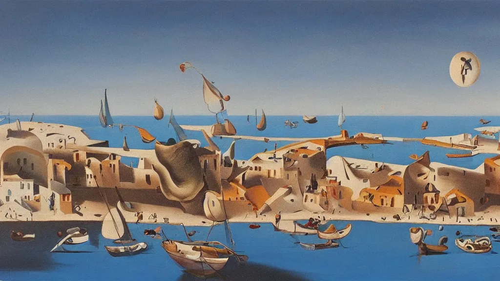 Image similar to High-Quality surrealist painting of Empuries, peaceful, very detailed, oil painting by Salvador Dalí.