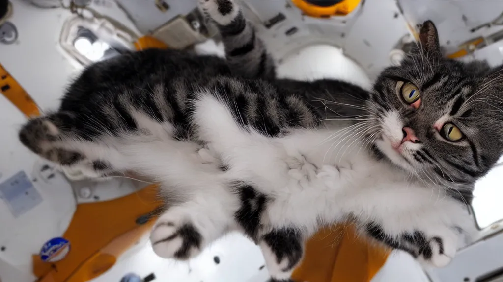 Prompt: Photo of a cat floating inside the ISS