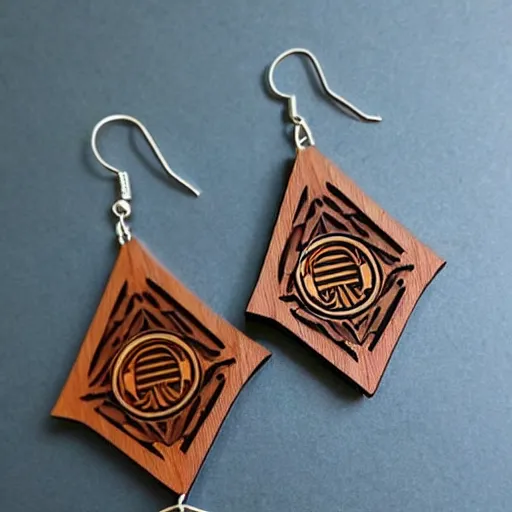 Image similar to 2 d wood lasercut earrings, mystical symbols, 8 k, hd, trending on amazon on artstation, trending on deviantart, trending on etsy, epic digital art