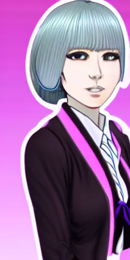 Prompt: a professional portrait of Kyoko Kirigiri, a young adult Japanese woman with long purplish-white hair with bangs, a small braid on the side, purple eyes, a mysterious expression, black gloves, a suit jacket