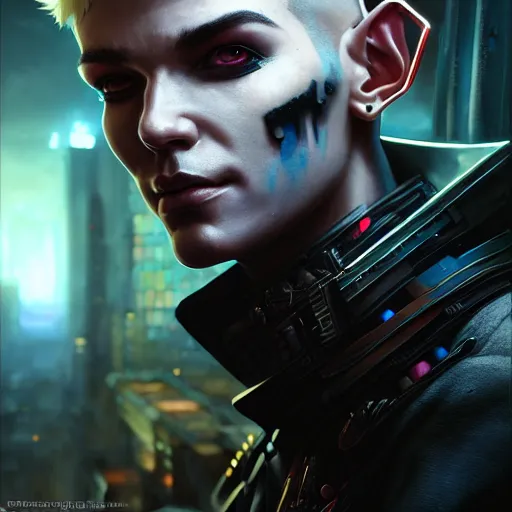 Image similar to portrait painting of a cyberpunk elf mercenary bill kaulitz, ultra realistic, concept art, intricate details, eerie, highly detailed, photorealistic, octane render, 8 k, unreal engine. art by artgerm and greg rutkowski and charlie bowater and magali villeneuve and alphonse mucha