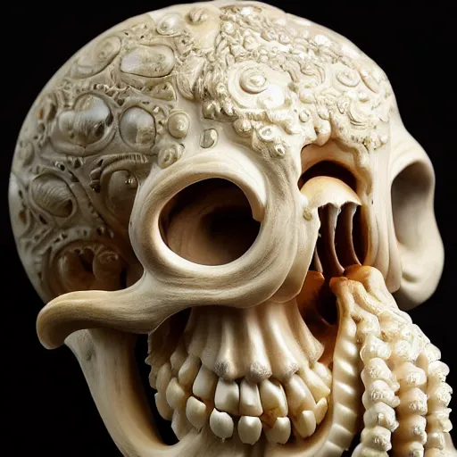 Image similar to an intricately detailed carving in an human - octopus skull, rococo ornate bone and ivory sculpted skull with teeth and tentacles, horror, artifact, micro detailed, inscribed with occult symbols, otherworldly