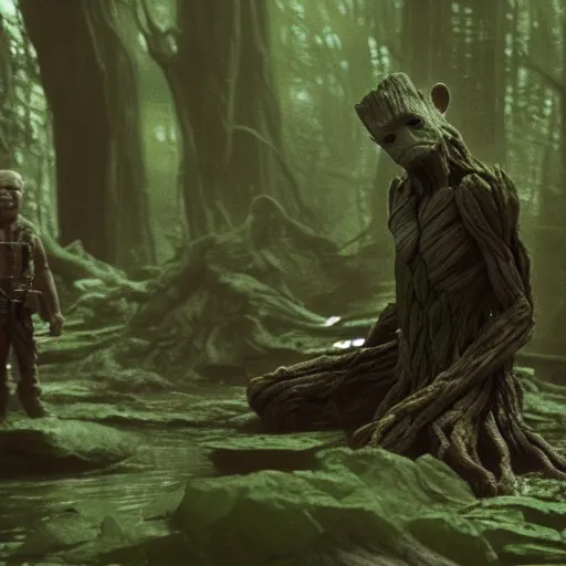 Prompt: Film still of Groot sitting next to Yoda on Dagobah, from Star Wars The Empire Strikes Back (1980)