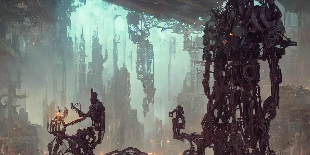 Image similar to octane render, ultra photorealistic, hyper detailed, unreal engine, a breathtaking wooden mystical statue robot of the last human in existence cyberpunk in a sci - fi gothic terrarium tech - cemetery, in neo tokyo artwork by greg rutkowski, alphonse mucha, inspired by blade runner 2 0 4 9