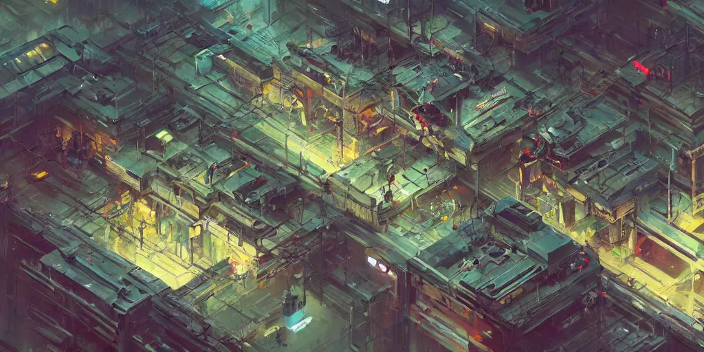 Image similar to isometric view of a cyberpunk factory filled with drone workers, busy, grimy, gritty, blade runner 2 0 4 9, trending on artstation, award winning painting, art by john berkey and anton fadeev and john howe and simon stalenhag