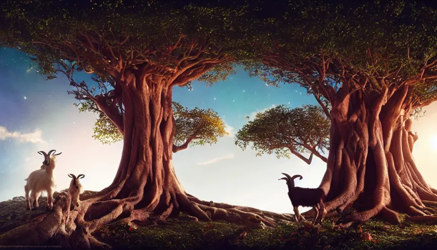 Prompt: very very small goat, sitting on a gigantic banyan tree in moonlit socotra island by ilya kuvshinov, starry night, rtx rendering, octane render 1 2 8 k, maya, extreme high intricate details by tom bagshaw, medium shot, close up shot, composition by sana takeda, lighting by greg rutkowski, stranger things