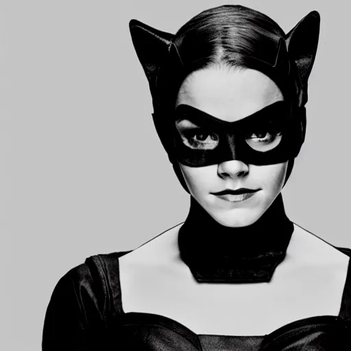 Image similar to Emma Watson as Catwoman, 105mm, Canon, f/1.4, ISO 100, 1/200s, 8K, RAW, symmetrical balance, Dolby Vision, Aperture Priority