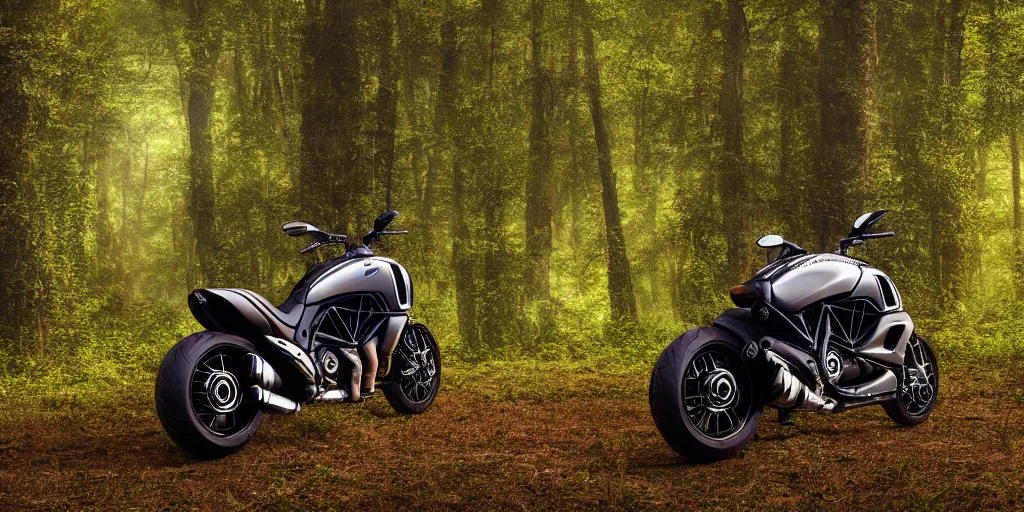 Prompt: portrait of a single ducati diavel in a vast forest landscape in the style of thomas cole, cinematic lighting, raytracing, 8 k, octane render, volumetric, vivid, beautiful, hyperrealism