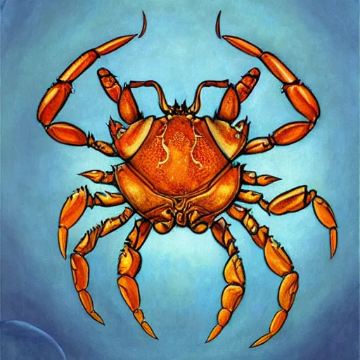 Image similar to detailed and sharp portrait of crab zodiac artwork, mystic style, detailed, 8 k, detailed, symmetrical, by brian froud