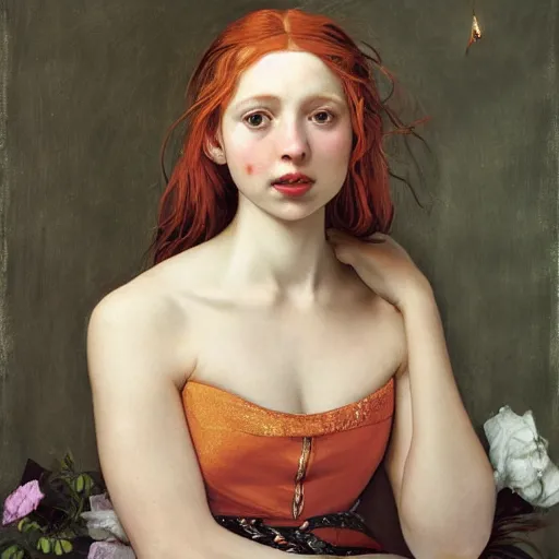 Image similar to a highly detailed, hyper realistic portrait with torso of a red haired young woman, among wonderful golden fireflies, long hair, green eyes, hint of freckles, round gentle face, cheeky smile, white romantic dress with intricate details, deep focus, elegant, smooth, sharp, golden ratio, digital painting, art by artemisia lomi gentileschi and caravaggio