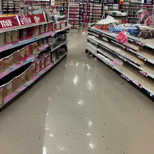 Image similar to photo of collapsed store shelves, at target, items spilled everywhere