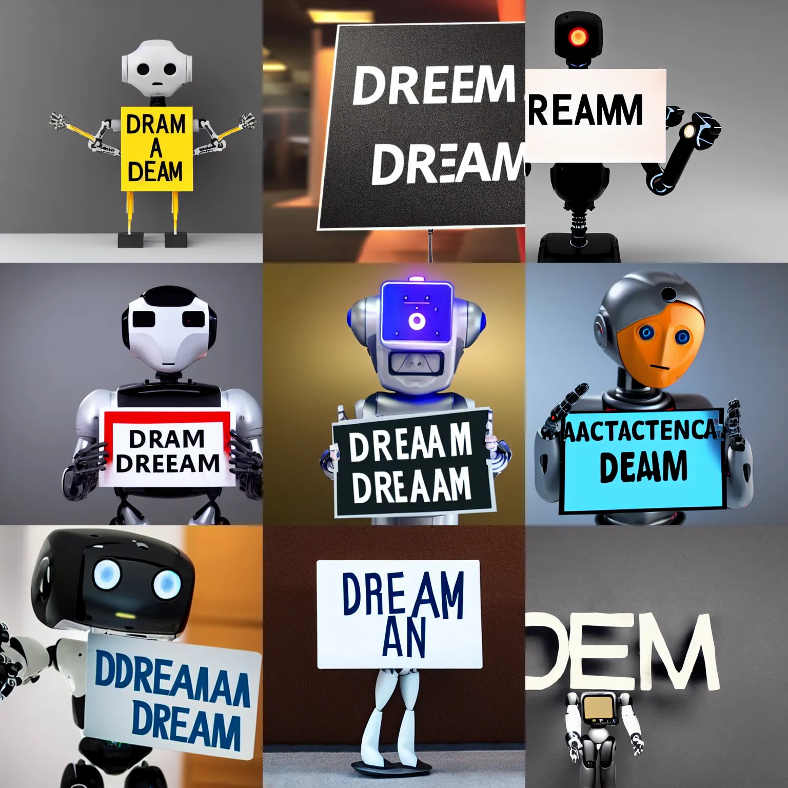 Image similar to artificial intelligence robot holding a sign with text that reads : dream