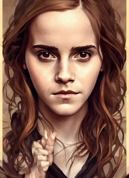 Image similar to emma watson as hermione granger at hogwarts!!!. beautiful detailed face. by artgerm and greg rutkowski and alphonse mucha