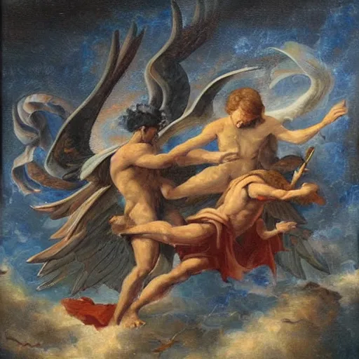 Prompt: painting of angels fighting demons