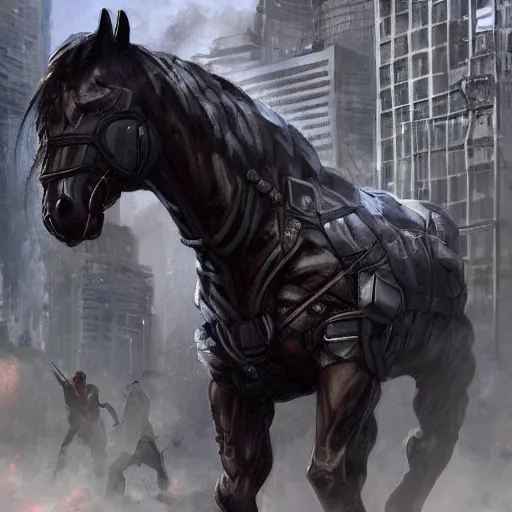 Prompt: a massive musclebound black - coated male anthro horse wearing a power - restricting kevlar outfit in a city warzone, equine, highly detailed, digital painting, artstation, sharp focus, game art, concept art, illustration, art by artgerm, greg rutkowski, wlop