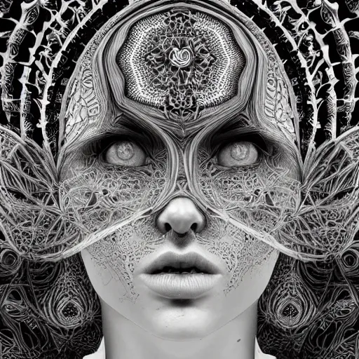 Prompt: wonderful princess of fractals and patterns, beautiful face, hyper detailed, background intricate and detailed, ornate 8 k gorgeous intricate detailed, octane render, psychedelic, black and white