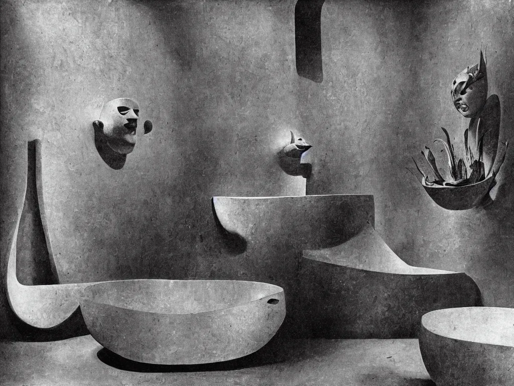 Prompt: brutalist interior with stone bathtub with polynesian mask and lily. karl blossfeldt, henri moore, salvador dali