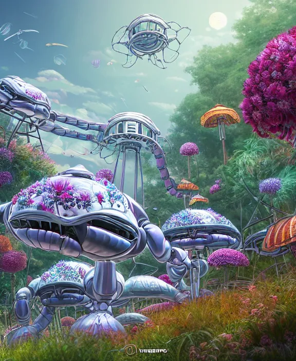 Image similar to a amusement park made out of seamless alien isopods, in the style of an aerodynamic robot, overgrown with puffy orchids, partly cloudy, somber, dramatic lighting, by dan mumford, yusuke murata, makoto shinkai, ross tran, cinematic, unreal engine, cel shaded, featured on artstation, pixiv